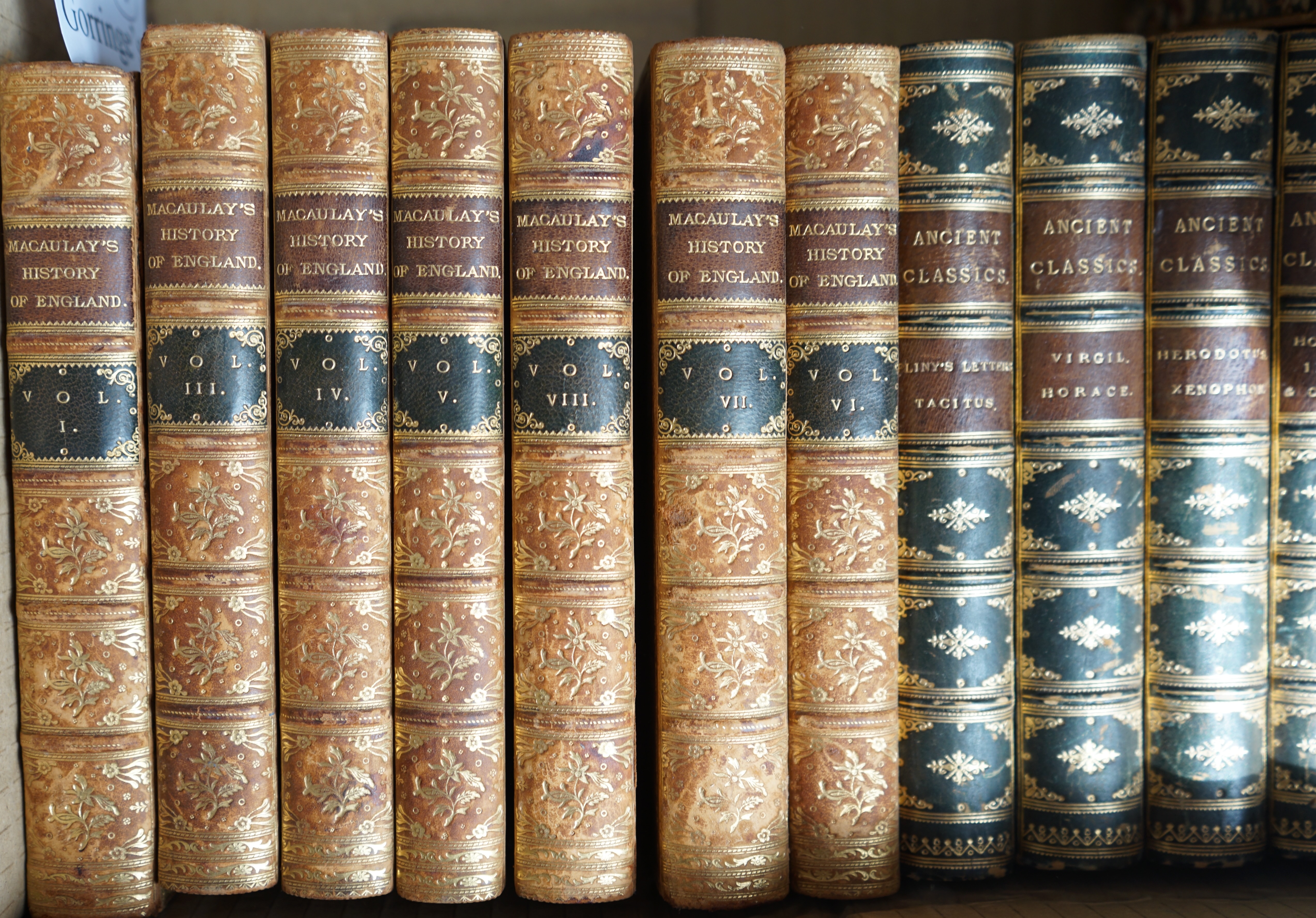 BINDINGS - Macaulay, Thomas Babington - The History of England, 8 vols, 8vo, tree calf, Longmans, Green, and Co., London, 1869 and Collins, W. Lucas (editor) - Ancient Classics for English Readers, 10 vols, half blue mor